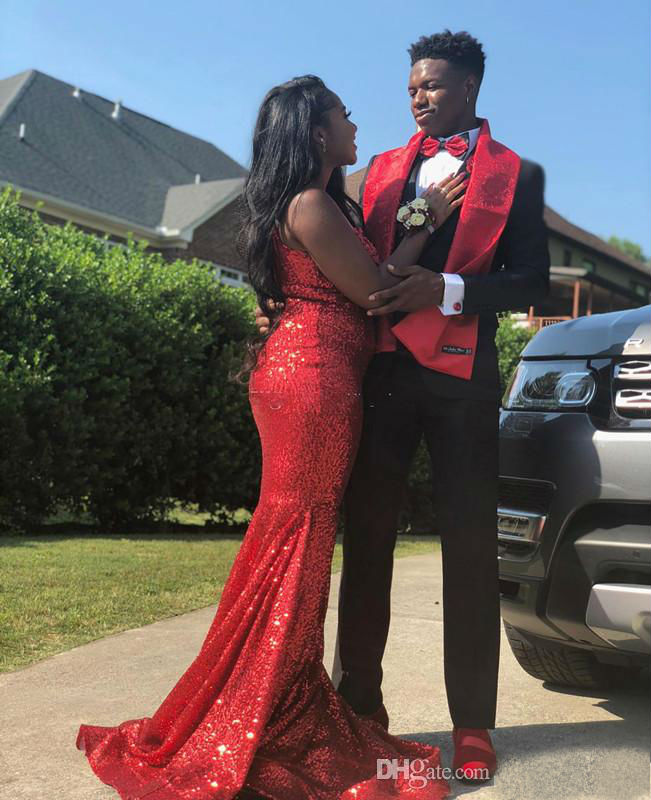 Sparkly Red Mermaid Prom Dresses Sheer Jewel Neck Ruffles Sweep Train Sequined Evening Gowns African Plus Size Bridesmaid Dresses