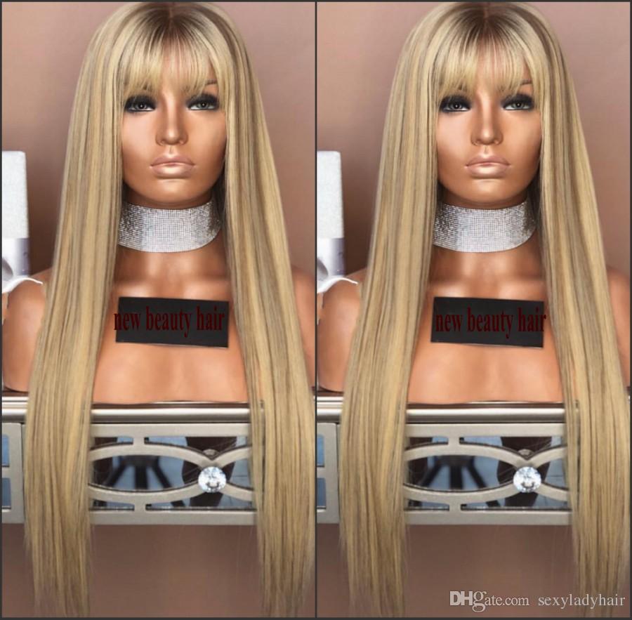Fashion long natural brazilian lace front wig with bangs brown roots ombre honey blonde wig synthetic hair for africa women