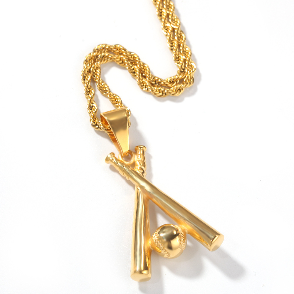 Hip Hop Stainless Steel Baseball Pendant Necklace Sports Fitness Jewelry 18k Real Gold Plated White Zircon