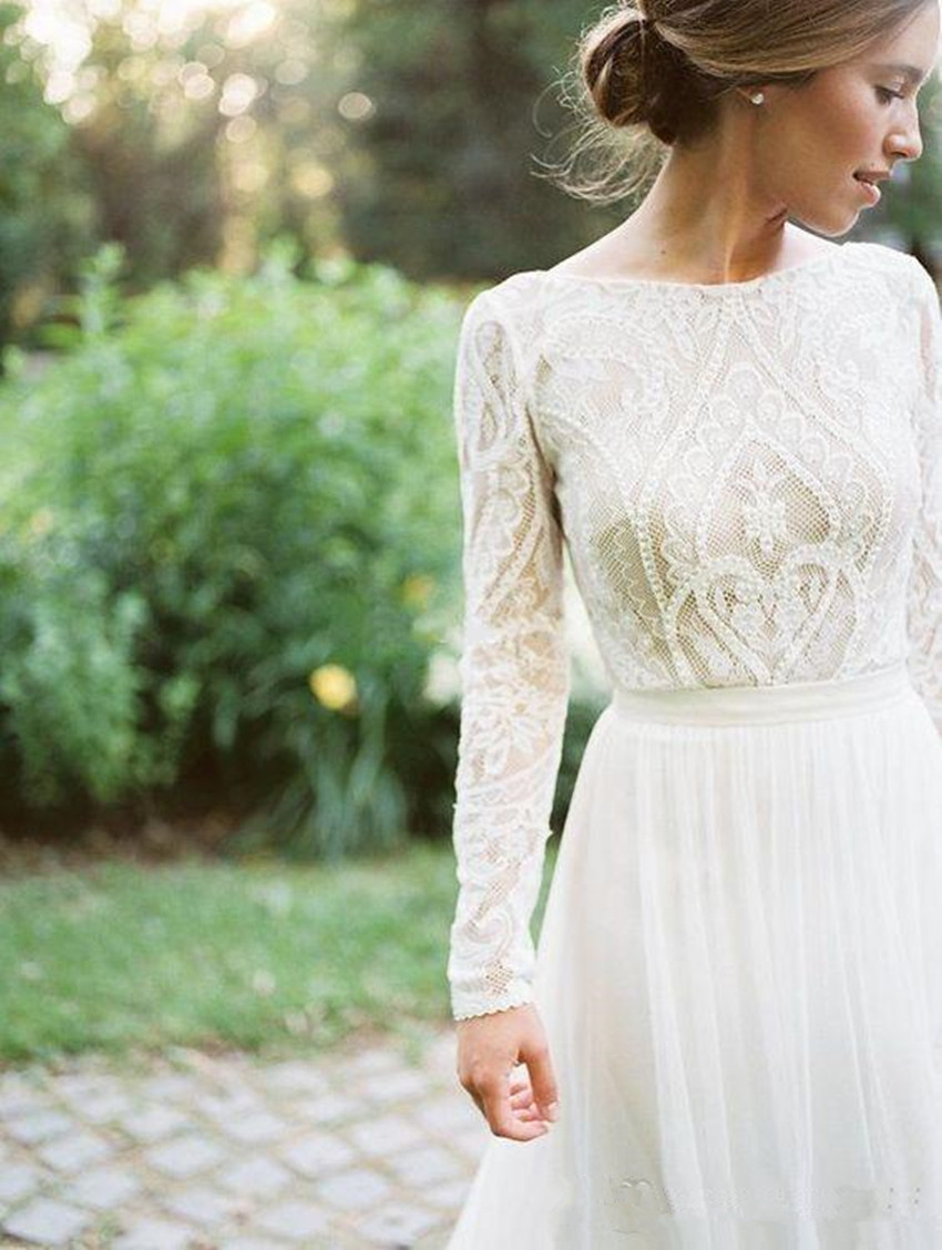 2020 New Bohemian Country Wedding Dresses With Long Sleeves Bateau Neck A Line Lace Applique Chiffon Boho Bridal Gowns Cheap