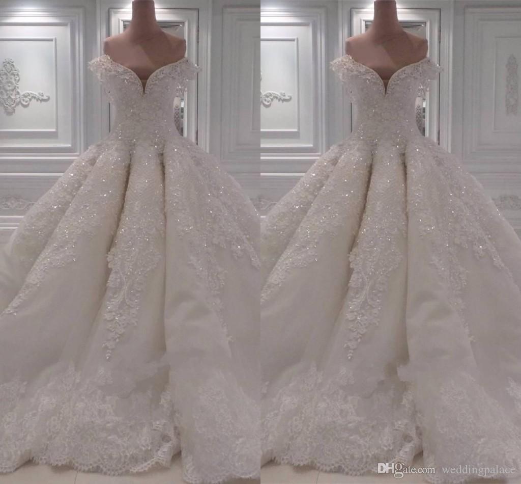 Sexy V New Neck Dresses Mopping Long Section Off-The-Shoulder Lace Ball Gown Sequins Bridal Noble Wedding Gowns s