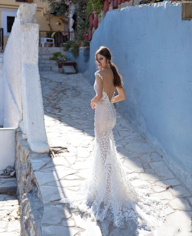 lian rokman mermaid wedding dresses 3d floral appliqued tulle lace sexy sheer v neck beach bridal gowns backless robe de marie