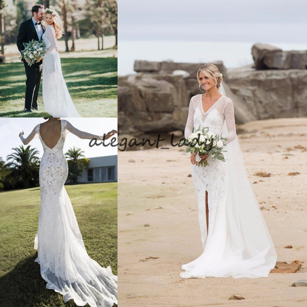 Front Slit Chic Style Bridal Gowns with Long Sleeve 2019 V-neck Vintage Crochet Cotton Lace Bohemian Country Bridal Wedding Dresses