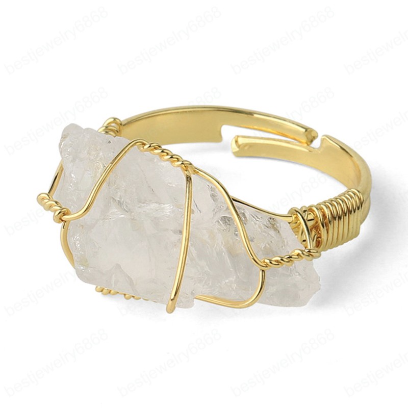Natural Stone Irregular Wire Wrap Women Rings Healing Purple Crystal Fluorite Gold-color Resizable Fashion Finger Ring
