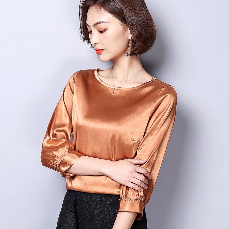 Women Blouses Casual OL Silk Blouse Autumn Loose Basic Satin Shirt Work Wear Blusas Feminina Tops Shirts Plus Size XXXL Pink/Red MX200407
