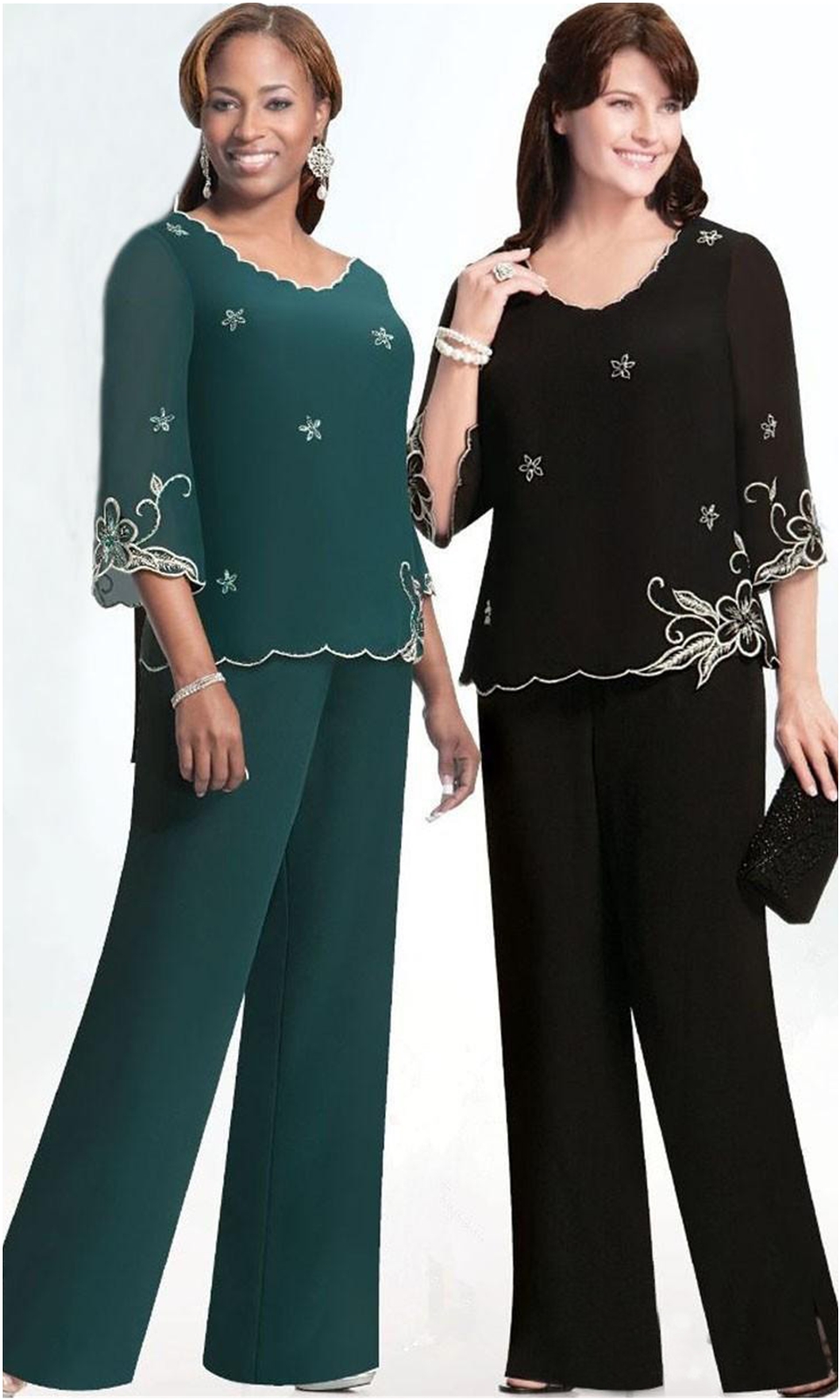 Gorgeous Green/Black Embroidery Mother Of The Bride Pant Suits Plus Size 4/3 Sleeve Chiffon Jewel Neck For Wedding Mother Groom Gowns
