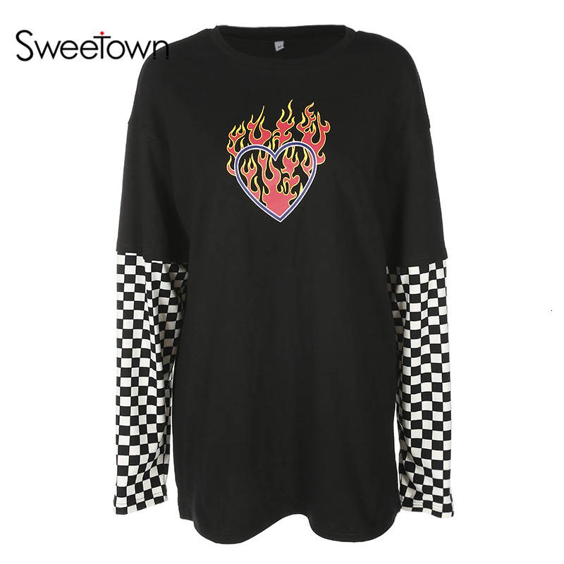 Sweetown Oversized Cotton Long Sleeve T Shirt Checkerboard Patchwork Graphic Tees Women Autumn 2018 Plus Size Harajuku Tshirt V191019