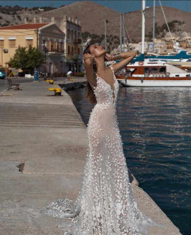 lian rokman mermaid wedding dresses 3d floral appliqued tulle lace sexy sheer v neck beach bridal gowns backless robe de marie
