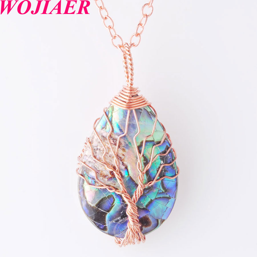 WOJIAER Tree of Life Rose Gold Metal Wire Wrap Water Drop Bead Necklace & Pendant Natural Abalone Shell Jewelry Chain 18 Inch W9310