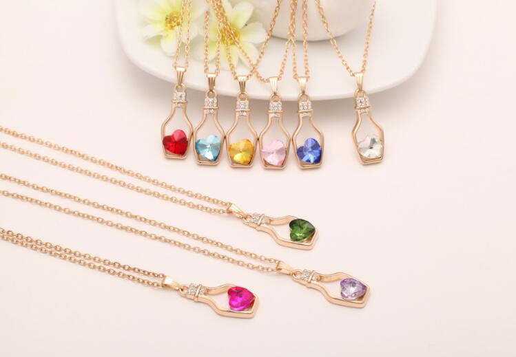 Wishing Bottle Jewelry Heart Pendant Necklaces Fashion Crystal Sparkle Stone Sautoir for girls Sale GD8