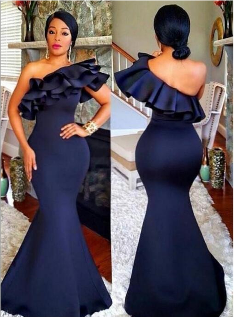 2020 Navy Blue Long Mermaid Bridesmaid Dresses One Shoulder Ruffles Satin Floor Length For Wedding African Women Formal Party Gowns Vestidos