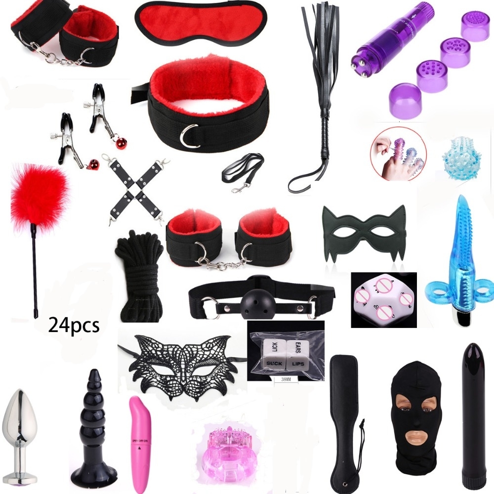 26 Pcs Sex Toys for Woman Adult toy Games Hand s Whip Mouth Gag Rope Metal Butt Plug Bdsm Bondage Set Bead Anal plug Vibrator Y191203
