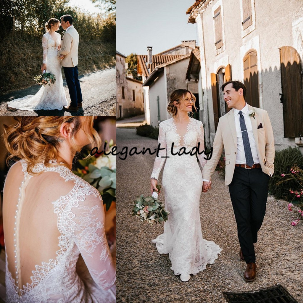 Romantic Lace Appliques Bride Dresses 2020 Deep V-neck bohemian country Long Sleeves Wedding Party Dress Vestidos De Novia