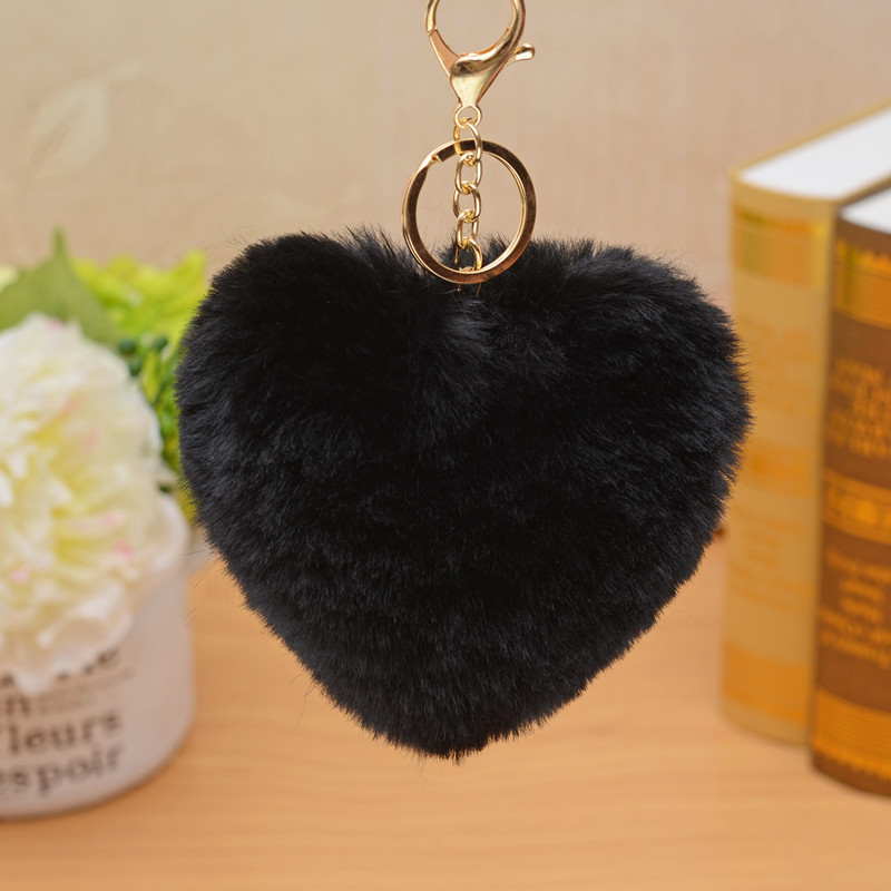 12cm Cute Fluffy Heart Keychains Women's Pom Poms Faux Rex Rabbit Fur Key Chains Girl Bag Hang Car Key Ring Jewelry Accessories