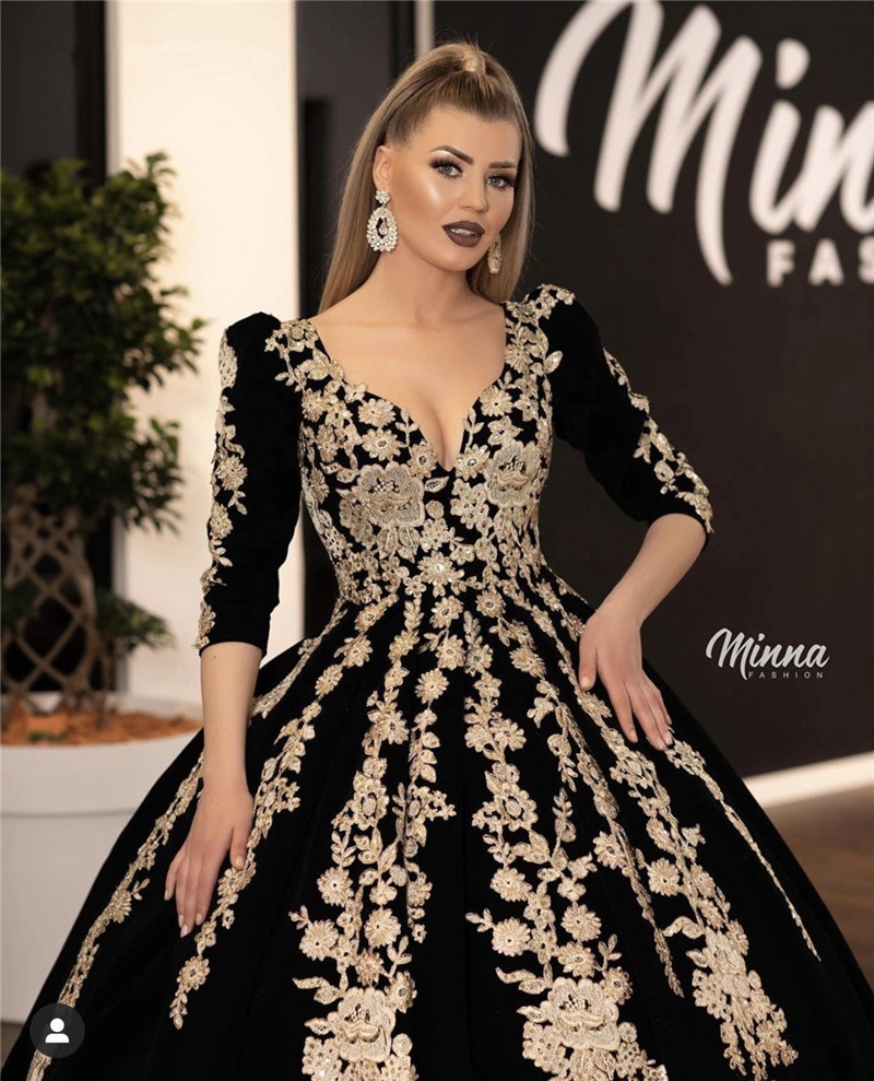 Arabic Evening Dresses Gold Lace Applique 3/4 Long Sleeves Ruched A Line Formal Party Prom Dresses Vestidos De festa