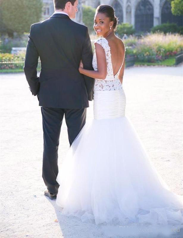 2020 Vintage Appliques Lace Mermaid Wedding Dresses Tulle Sweep Train African Wedding Dresses Style Garden Black Girls Bridal Gowns Custom