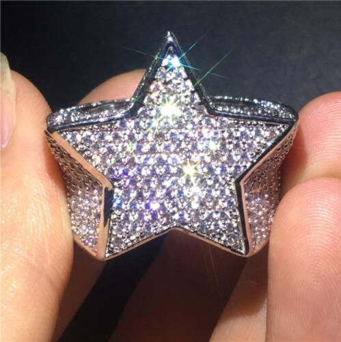 Vecalon Big Star Male Hiphop ring White Gold Filled 500pcs 5A Cz Party Anniversary band rings For men Rock Finger Jewelry