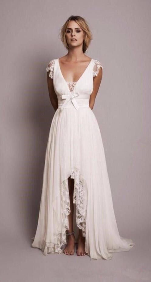 Setwell Hi-Lo V-neck A-line Beach Wedding Dress Short Sleeves Floor Length Chiffon Lace Bridal Gown With Bow