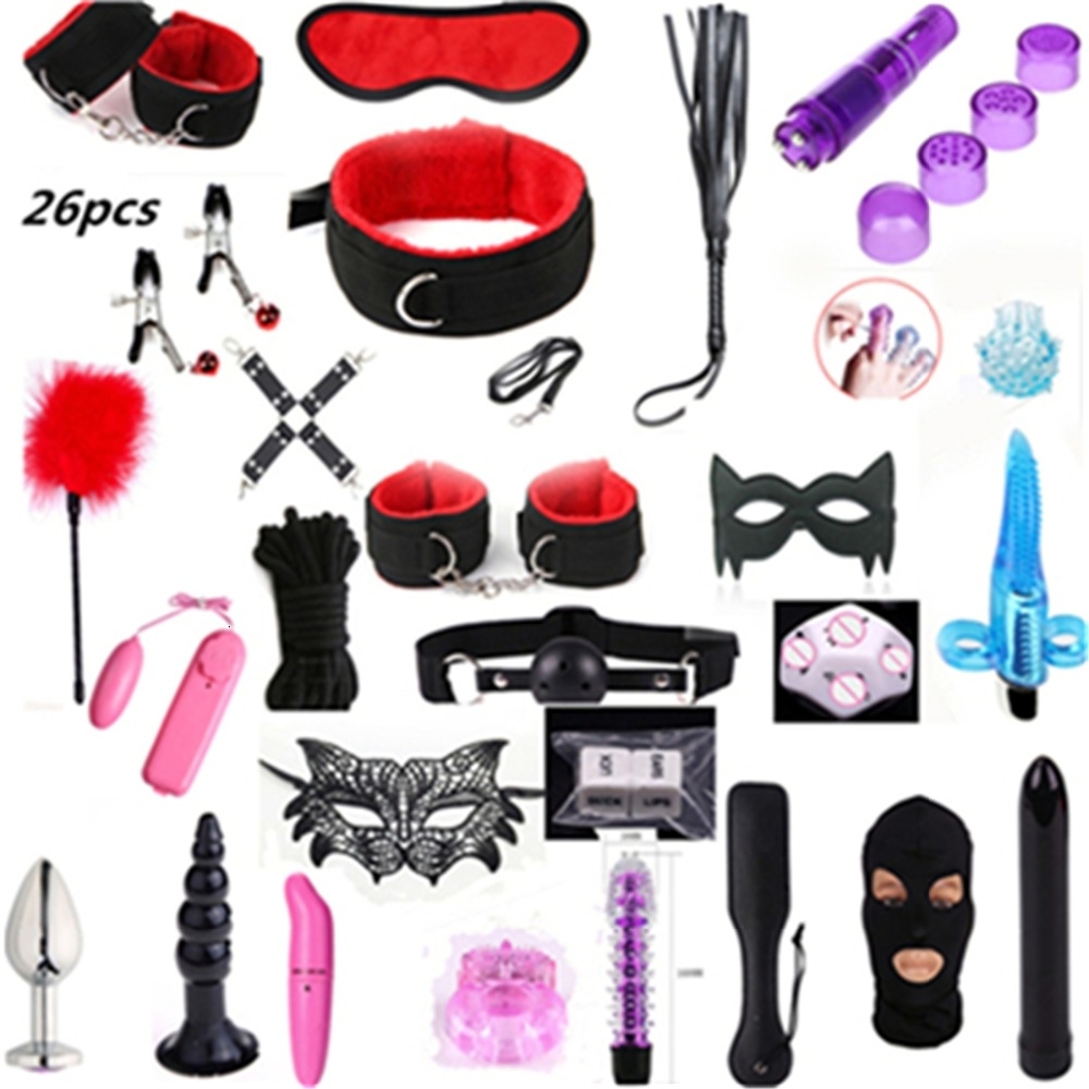 26 Pcs Sex Toys for Woman Adult toy Games Hand s Whip Mouth Gag Rope Metal Butt Plug Bdsm Bondage Set Bead Anal plug Vibrator Y191203