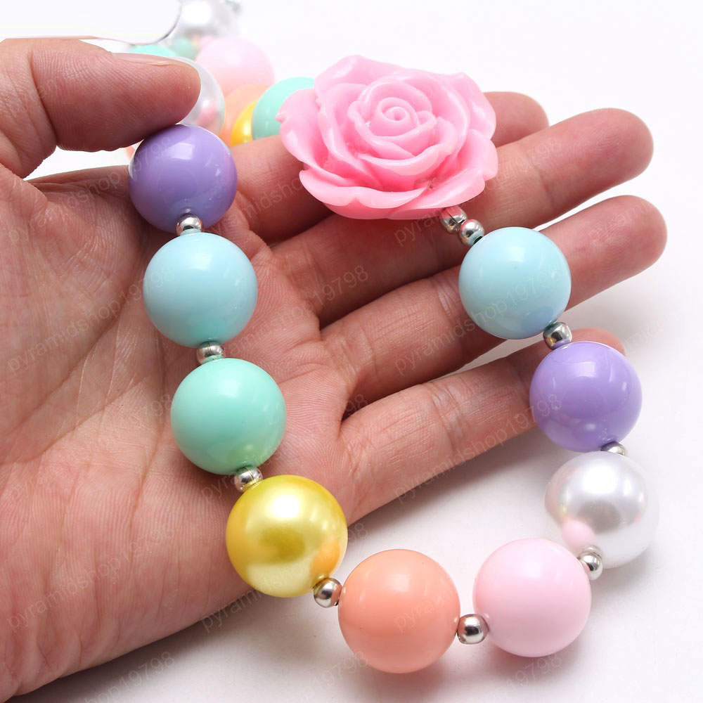 Adorable Candy Color Chunky Beads Necklace Bracelet With Rose Flower Kids Girls Child Chunky Beaded Jewelry Set Colorful