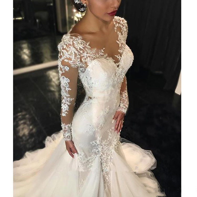Sexy Backless Mermaid Wedding Dresses Sheer V Neck Long Sleeves Sweep Train Plus Size Bridal Gowns Custom Made Vestido De Novia