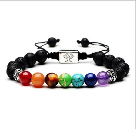 Yoga Handmade 7 Chakra Tree Of Life Charm Bracelets Lava Stones Multicolor Beads Rope Bracelet Women Men Bracelets Bangles