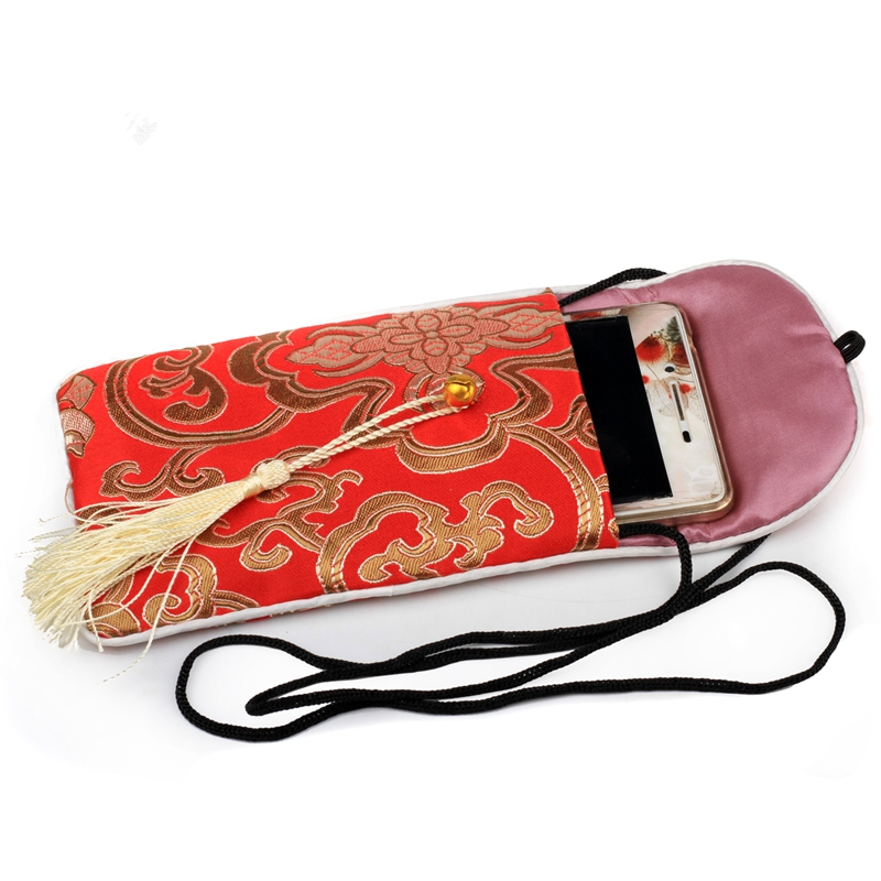 Neck string Chinese Silk Pouch Bag Jewellery Glasses Mobile phone storage Bag Handmade Fabric Cover Phone Case 17 x 8 cm 10pcs/lot