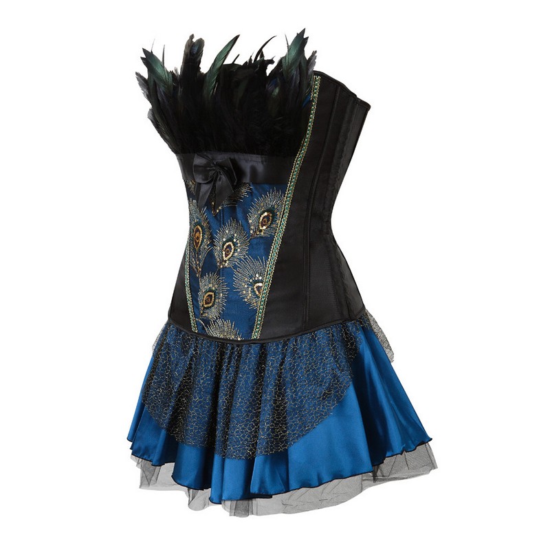 Women Burlesque Corset Skirt Outfit Plus Size S-6XL Feathers Ruffle Peacock Embroidery Brocade Overbust Corset with Layered Mini TUTU Skirt