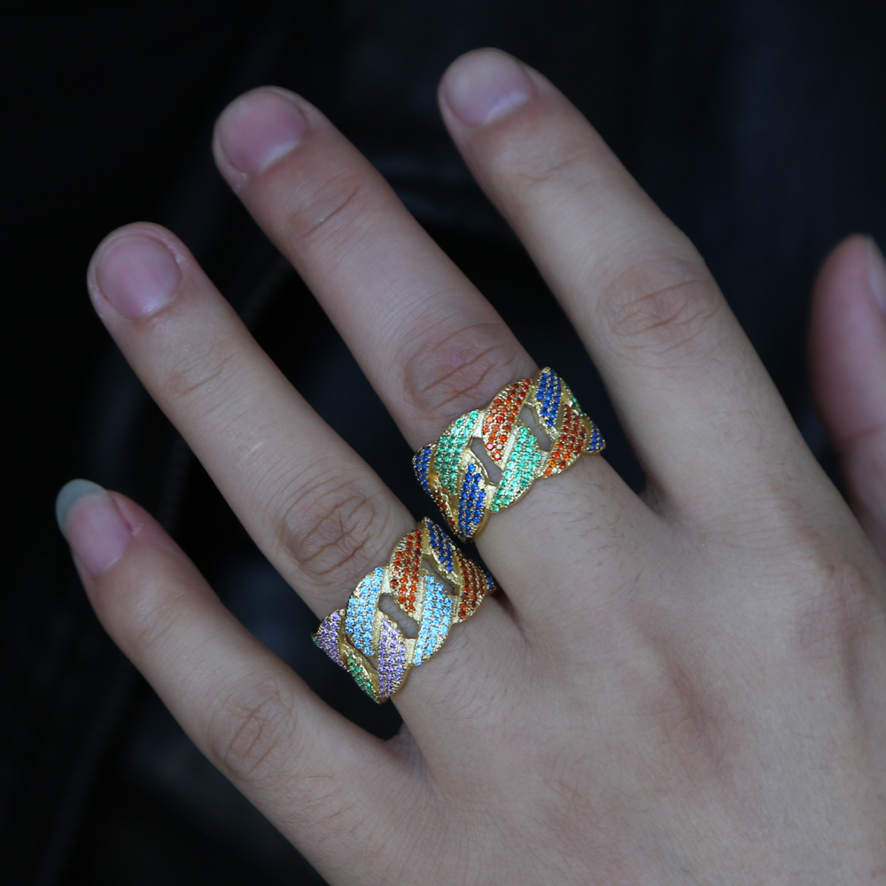 hip hop bg boy ring jewelry colorful micro pave rainbow cz Miami cuban k chain Gold plataed engagement band rings for men