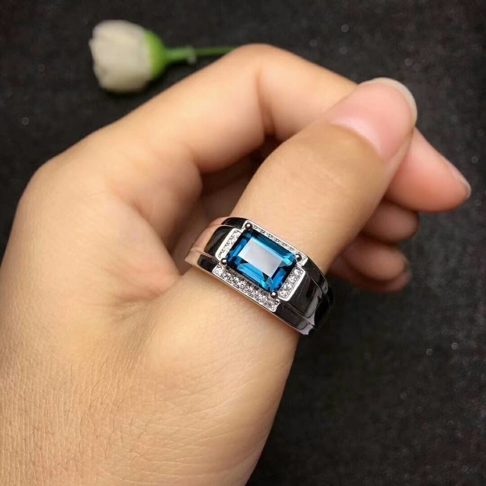 MeiBaPJ Real Natural London Blue Topaz Gemstone Men Ring Real 925 Sterling Silver Ring Fine Wedding Jewelry CJ191205