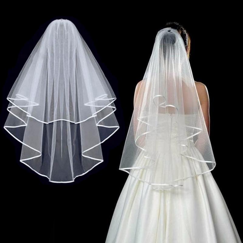 Charming Dual Shade Tulle Wedding Veil Timeless White & Beige Two-Layered Headpiece with Ornate Edging for Bridesmaids & Groomsmen