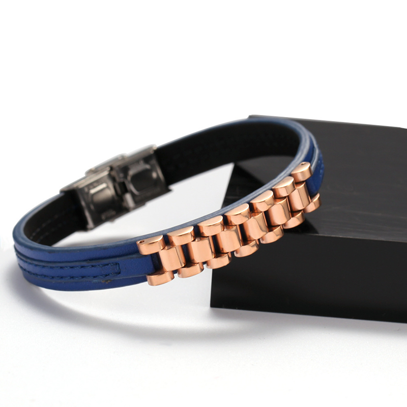 5 Colors for Options New Fashion Men Bracelets Gold Plated Stainless Steel Leather Bracelet for Men Nice Gift for Boy Friend