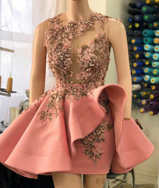 Blush Pink Short Prom Party Dresses with Ruffles 3D Floral Flowers Beads Sheer Neck Evening Gowns Cocktail Dresses