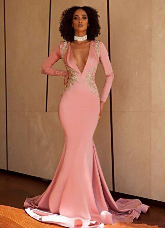 abaric long sleeve mermaid prom dresses v neck lace sequins backless sweep train african evening gowns plus size robes de soire
