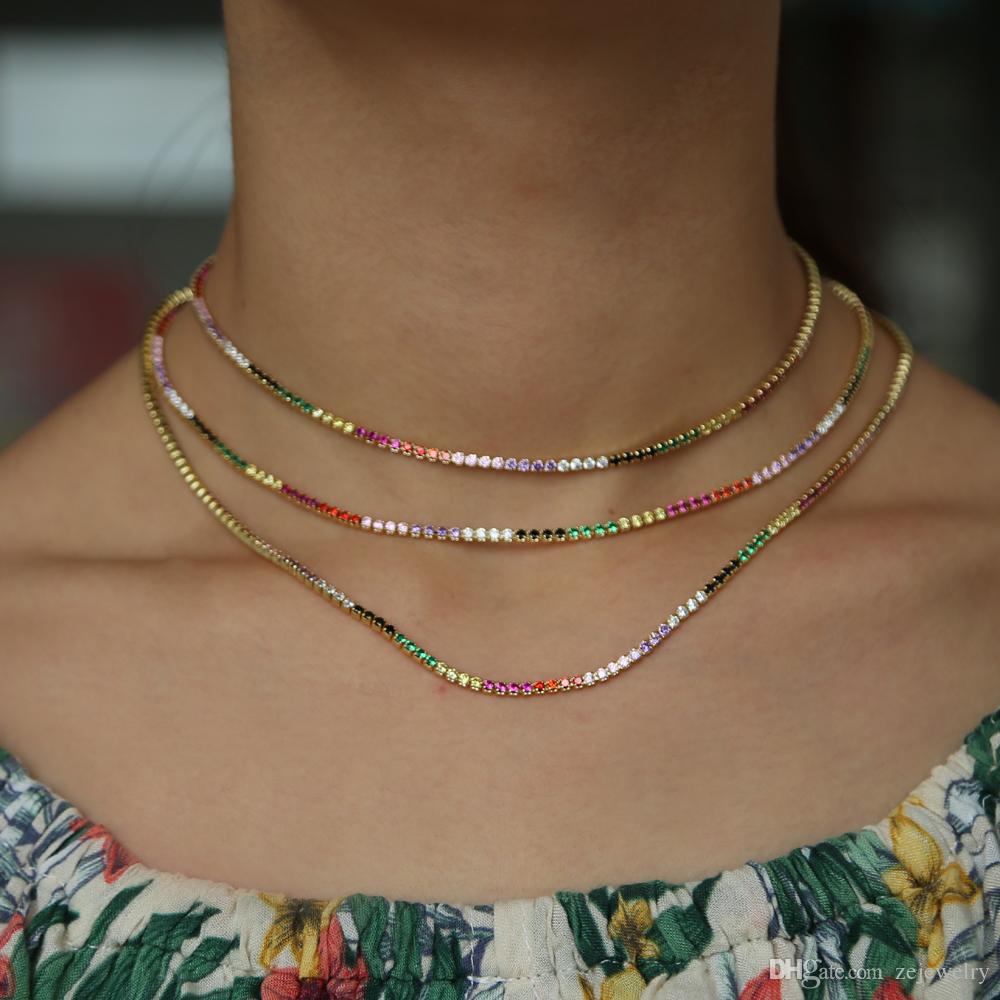 fashion new dainty multi color Tennis link Chain Necklaces with Dazzling gold Color rainbow tiny CZ charm Choker For Women gifts