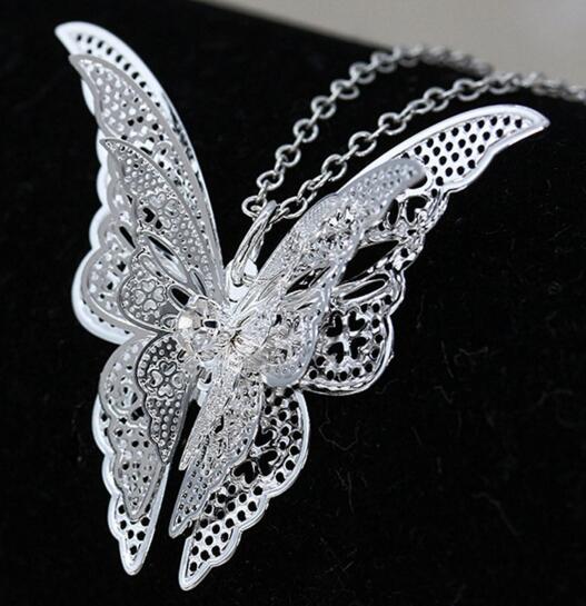Fashion- New Women Lady Girl 925 Sterling Silver Plated Butterfly Necklace Pendant Fit Charm Fashion Jewelry Christmas Gift