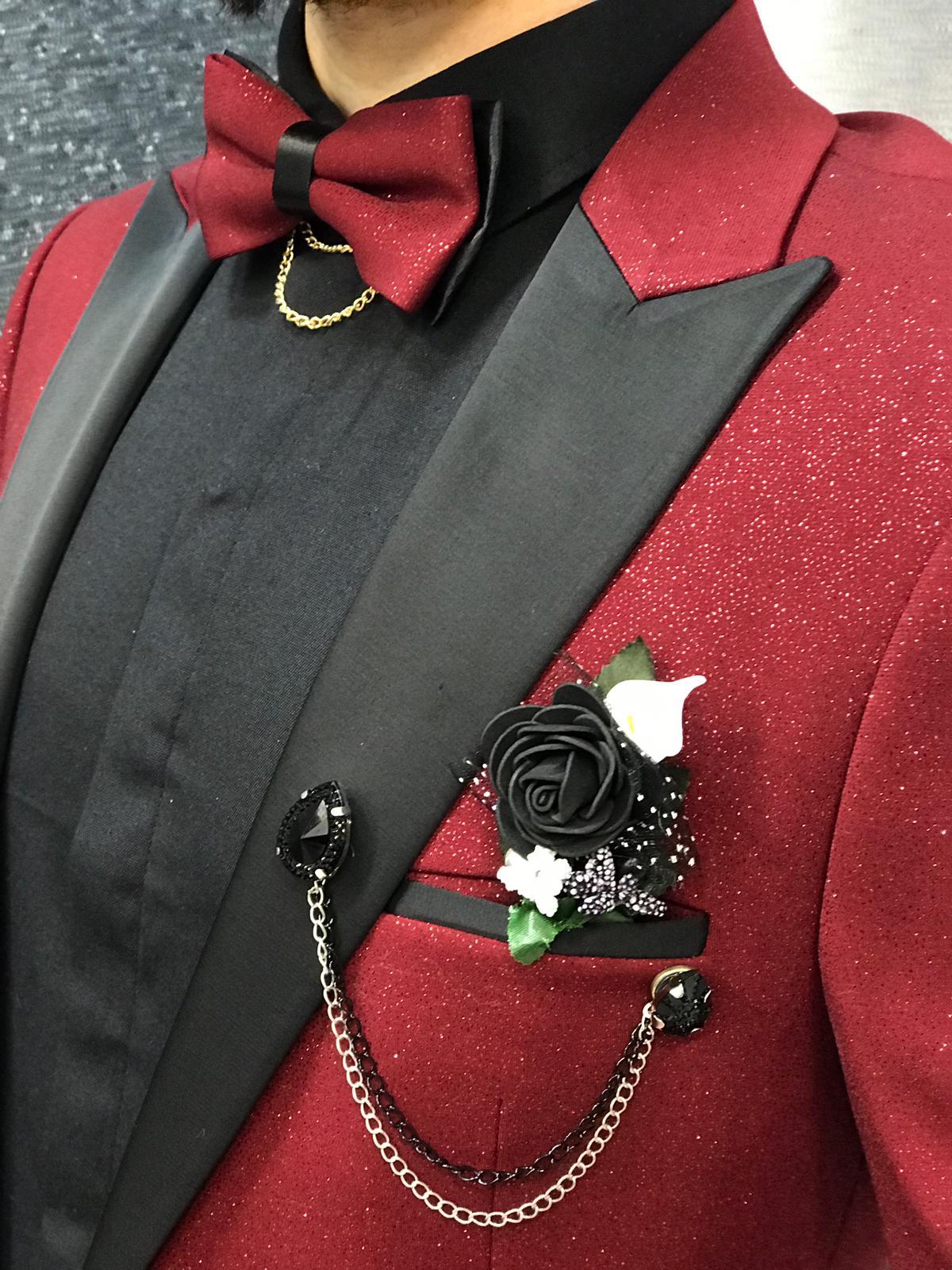 Sequins Burgundy Groom Wedding Tuxedos New Mens Prom Tuxedos Suits Slim Fit Black Peaked Lapel 2 Pieces Designer Jackets