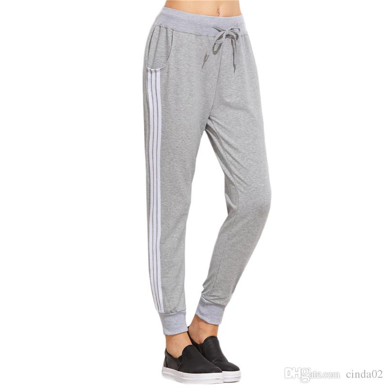 Women Casual Pants Drawstring Waist Loose Pants For Women Autumn Black Striped Side Sweat Pants Sweatpants