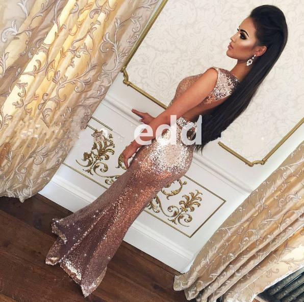 Gorgeous Sequins Mermaid Long Evening Dresses Rose Gold Prom Gowns Open Back Party Dresses Evening Wear Crystals Women Formal Gowns