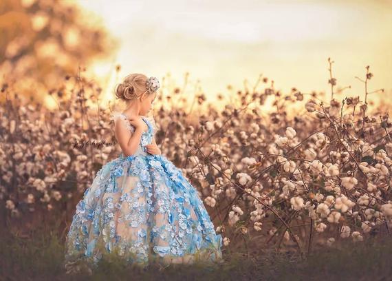 Real Photos Blue Princess Flowes Girls Pageant Dresses Appliques Beads Kids Toddlers Birthday Party Gowns Wedding Party Dress
