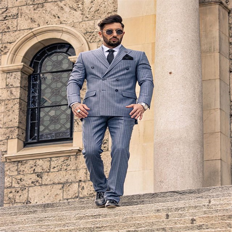 twopiece blue handsome bridegroom blazer notched lapel double breasted gentlemen formal men suits stripe custom made wedding tuxedo