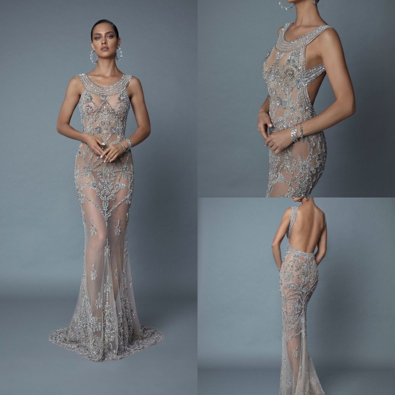 2019 Berta Backless Evening Dresses Mermaid See Through Beading Sequins Formal Prom Gowns Jewel Neck Trumpst Dress Party Vestidos De Fiesta