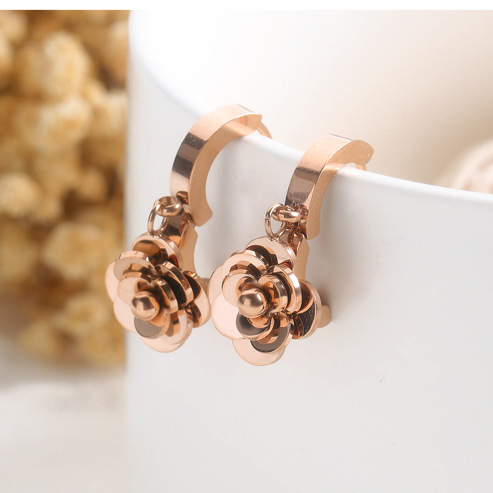 Charm Rose Flower Hoop Earrings Jewelry Rose Gold Plated 316L Stainless Steel Ear Bone Nail Earrings