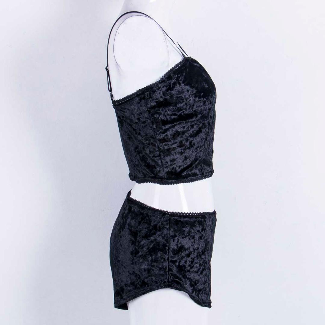 Women Sexy Velvet Two-piece Lingerie Crop Top+Shorts Sleepwear Lace Nightwear Underwear Pajamas Chemise Sets Black Pink Gray