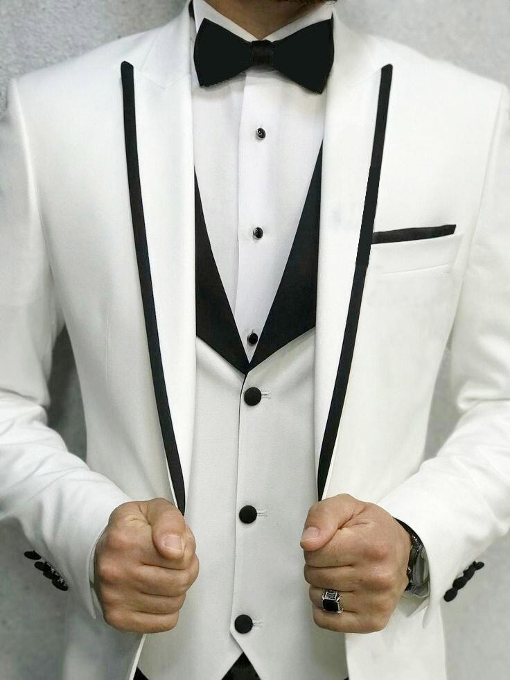 High Quality One Button Ivory Wedding Men Suits Peak Lapel Three Pieces Business Groom Tuxedos (Jacket+Pants+Vest+Tie) W1063