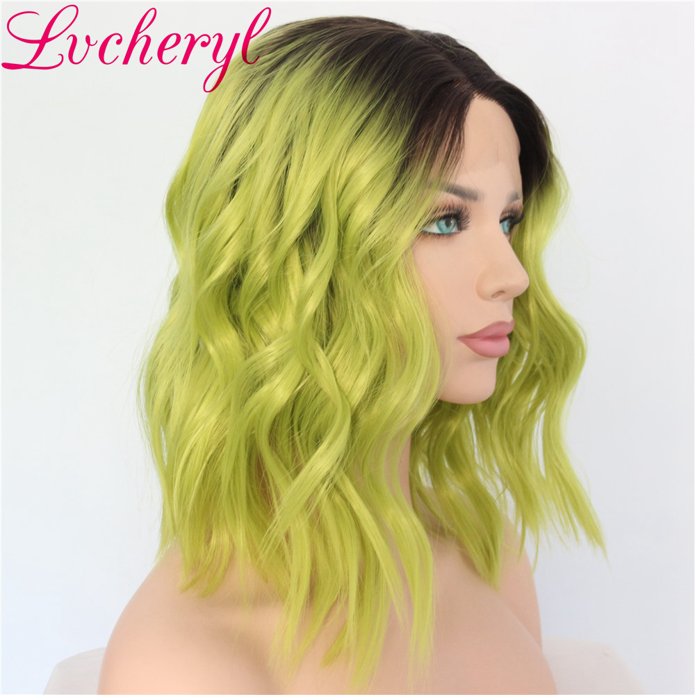 New Sexy Two Tones Ombre Green Short Bob Hair Heat Resistant Fiber Body Wave Synthetic Lace Front Wigs for Black Women Free Part