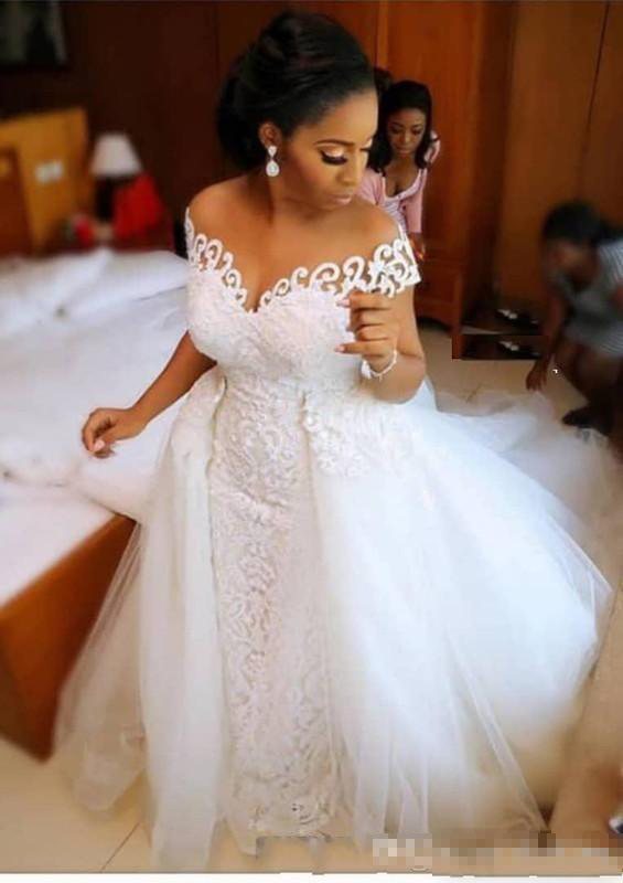The Off Elegant Shoulder Dresses Lace Applique Capped Sleeves Overskirt Tulle Custom Made Plus Size African Wedding Bridal Gown