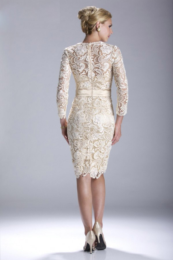 Elegant Janique Sheath Mother of The Bride Dresses Jewel Long Sleeve Lace Applique Sash Wedding Guest Dress Knee Length Evening Gowns