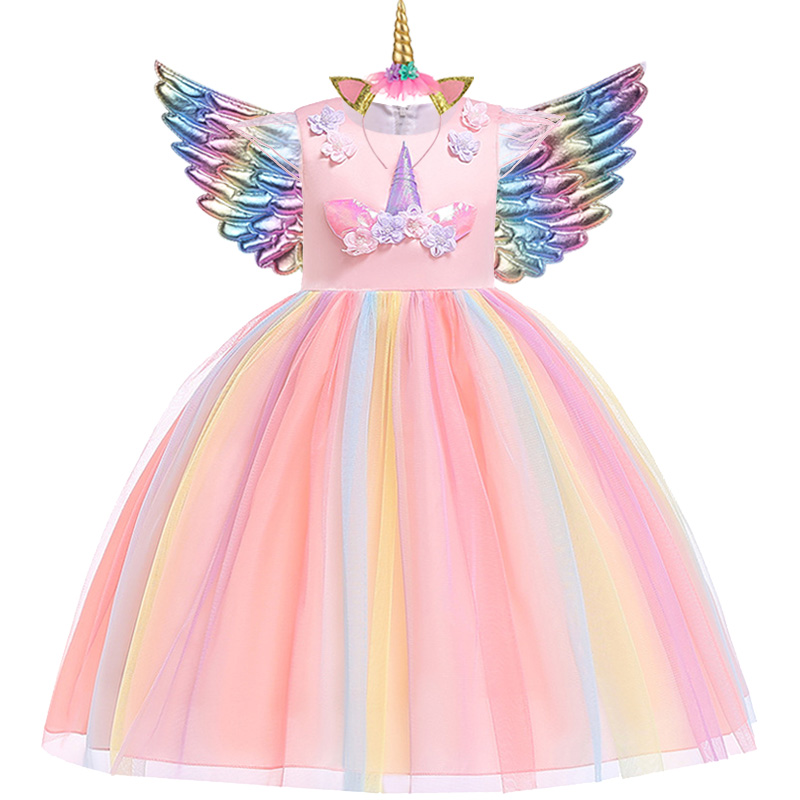 3pcs 3-10 Y Teens Girl Dream Unicorn Dress Children Kids Birthday Party Pageant Flower Girl Formal Prom Girls Princess Dress + Headdress