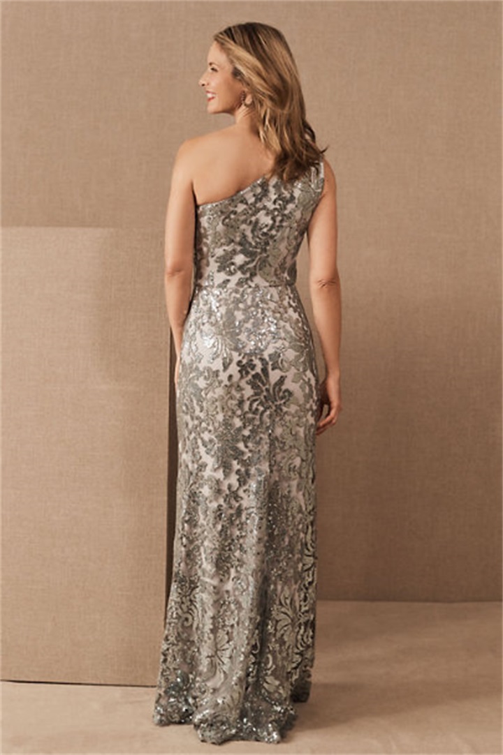 Elegant Grey Mother Of The Bride Dresses Lace Appliques Sequined One Shoulder Wedding Guest Dress Sweep Train Plus Size Evening Gowns